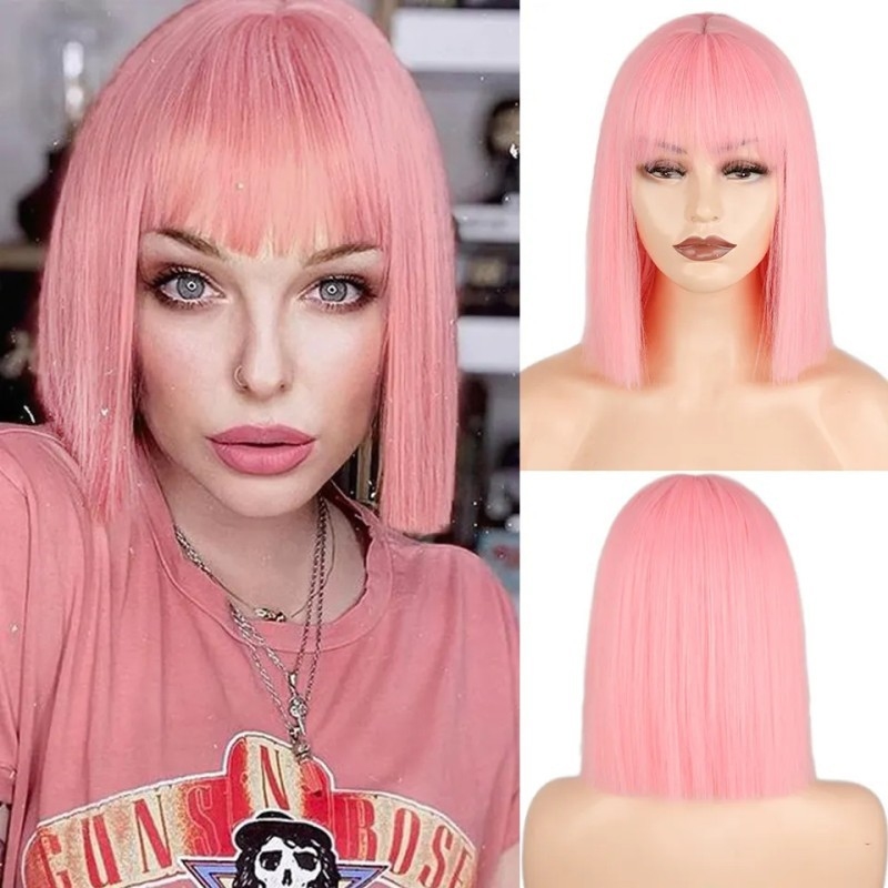 女性用ストレートウィッグ、エアバング付き、ボボスタイル、リア - Wig Fiber Net のレビューと価格